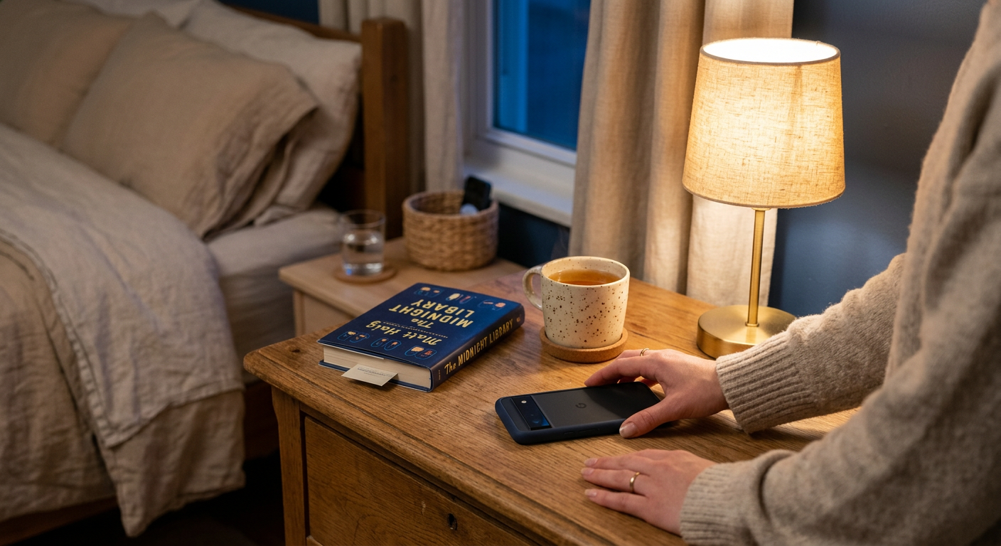 Photorealistic close-up of a calming evening routine, hands placing a phone on a dresser beside a book, warm tea, and a so...
