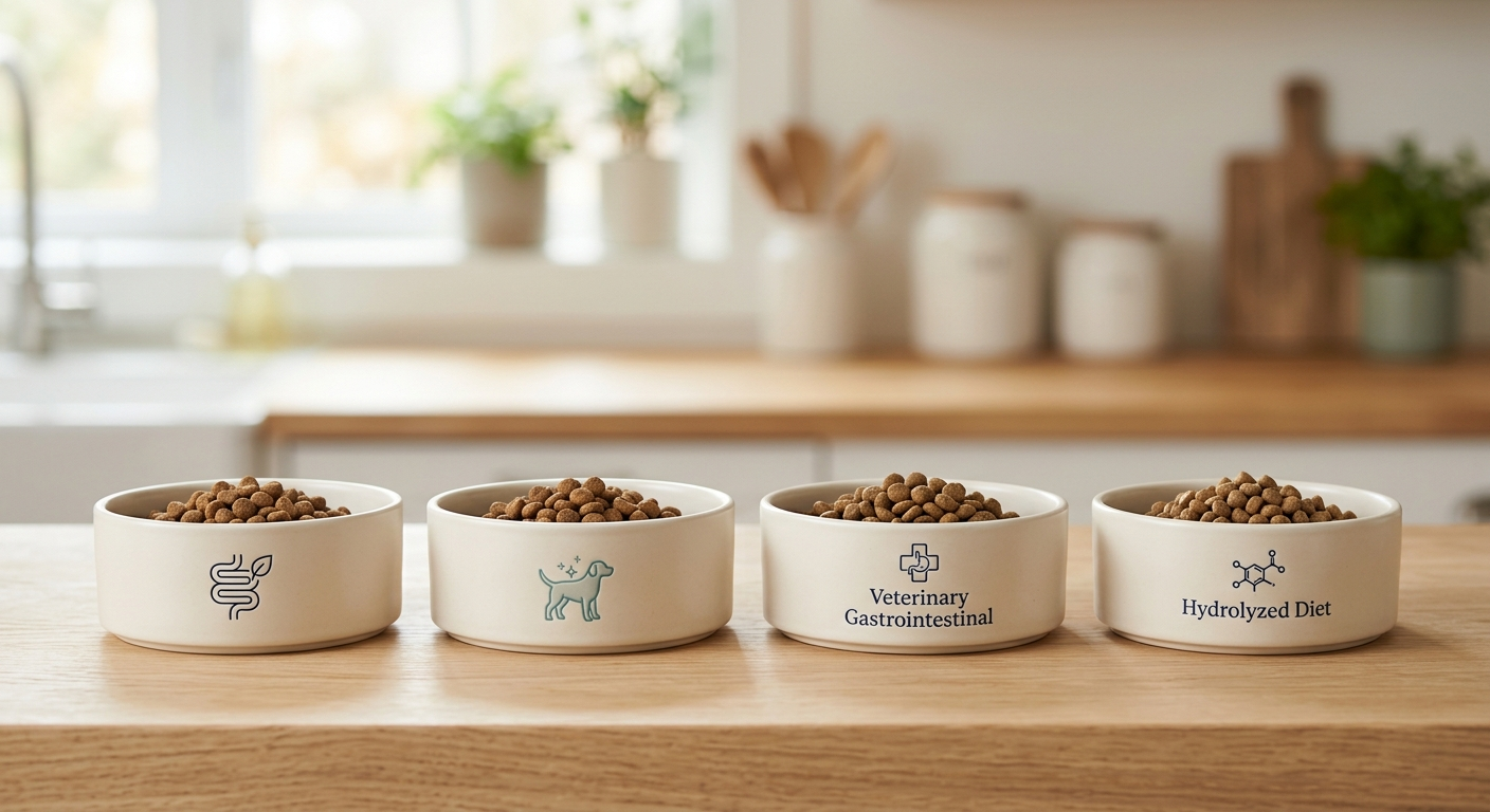 Clean editorial illustration of four dog food bowls arranged in a row, each represented by a subtle icon for digestive sup...
