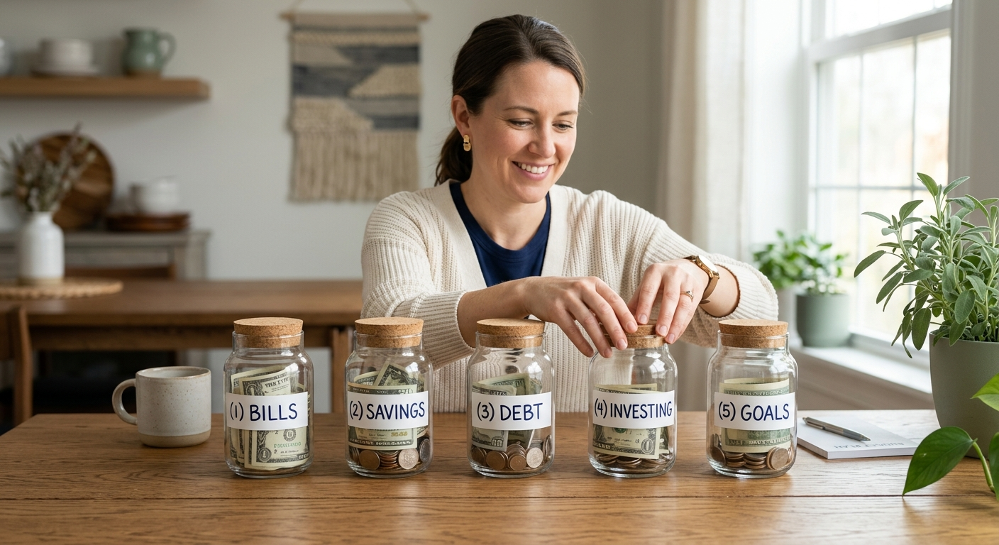 Clean modern illustration of a person arranging five labeled budget jars for bills, savings, debt, investing, and goals on...