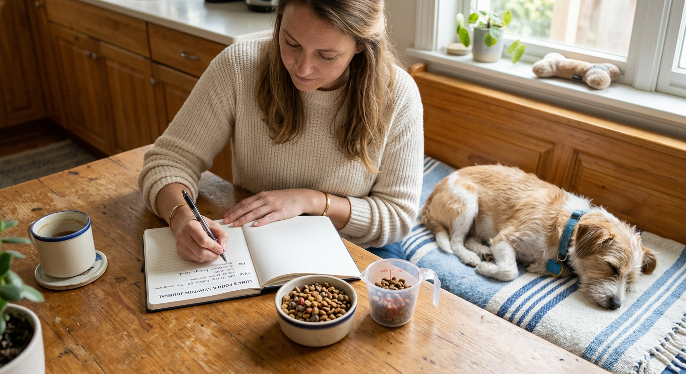 Photorealistic close-up of a pet owner writing a food and symptom journal beside measured dog kibble, a measuring cup, and...