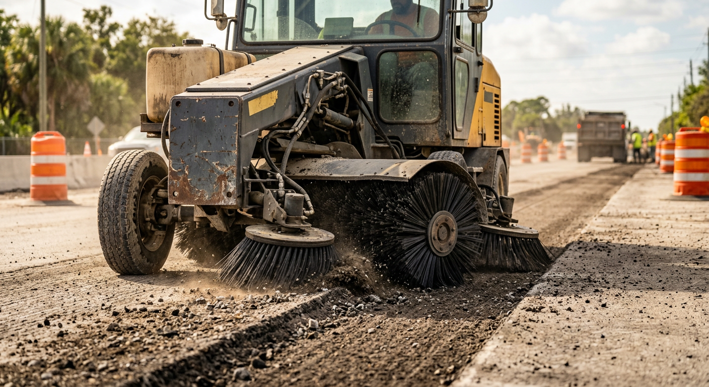Photorealistic close-up of an unbranded mechanical street sweeper working along a milled asphalt edge on a Florida road pr...