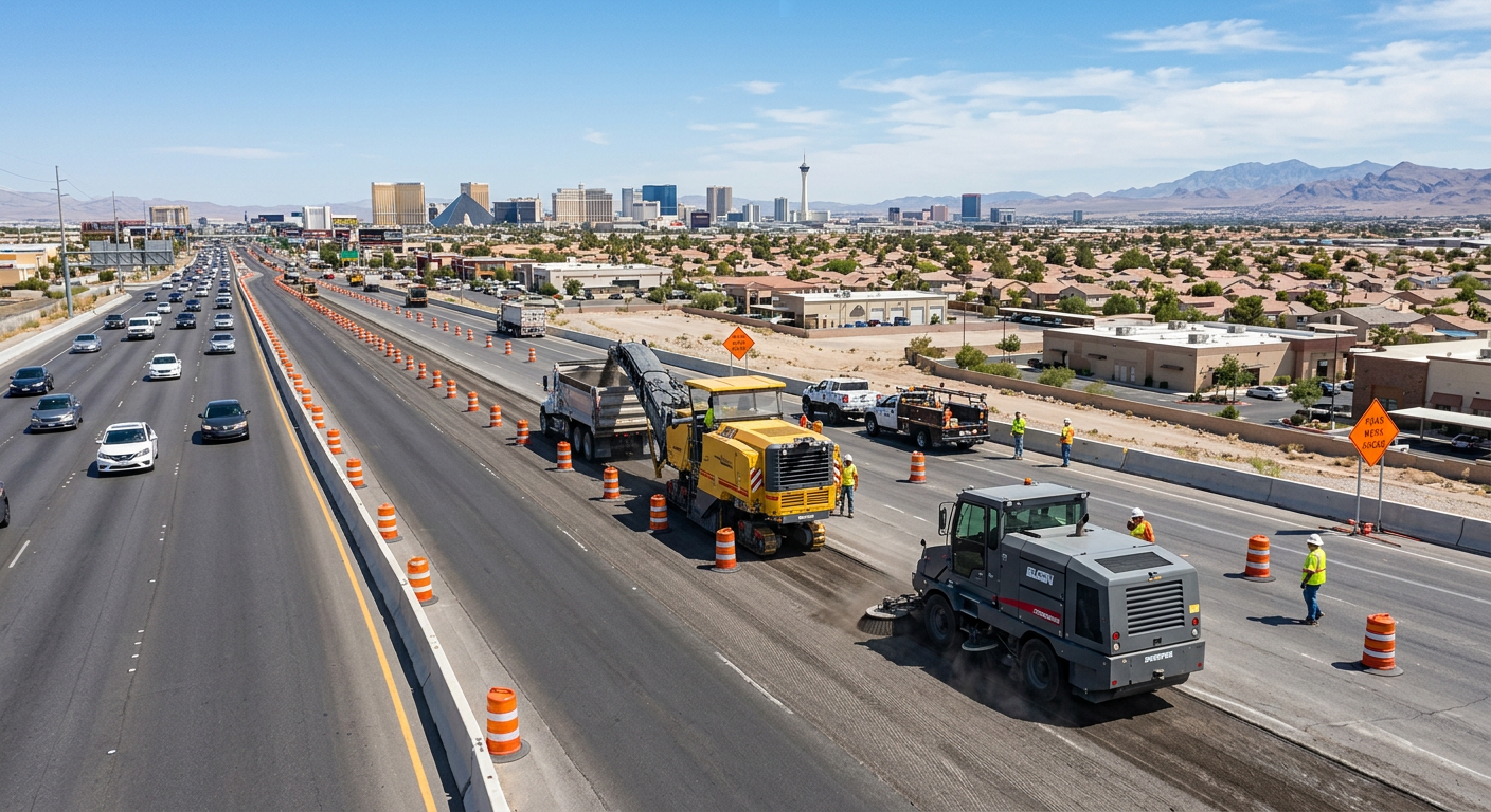 Photorealistic aerial view of an unbranded mechanical street sweeper working behind an asphalt milling crew on a Nevada ar...