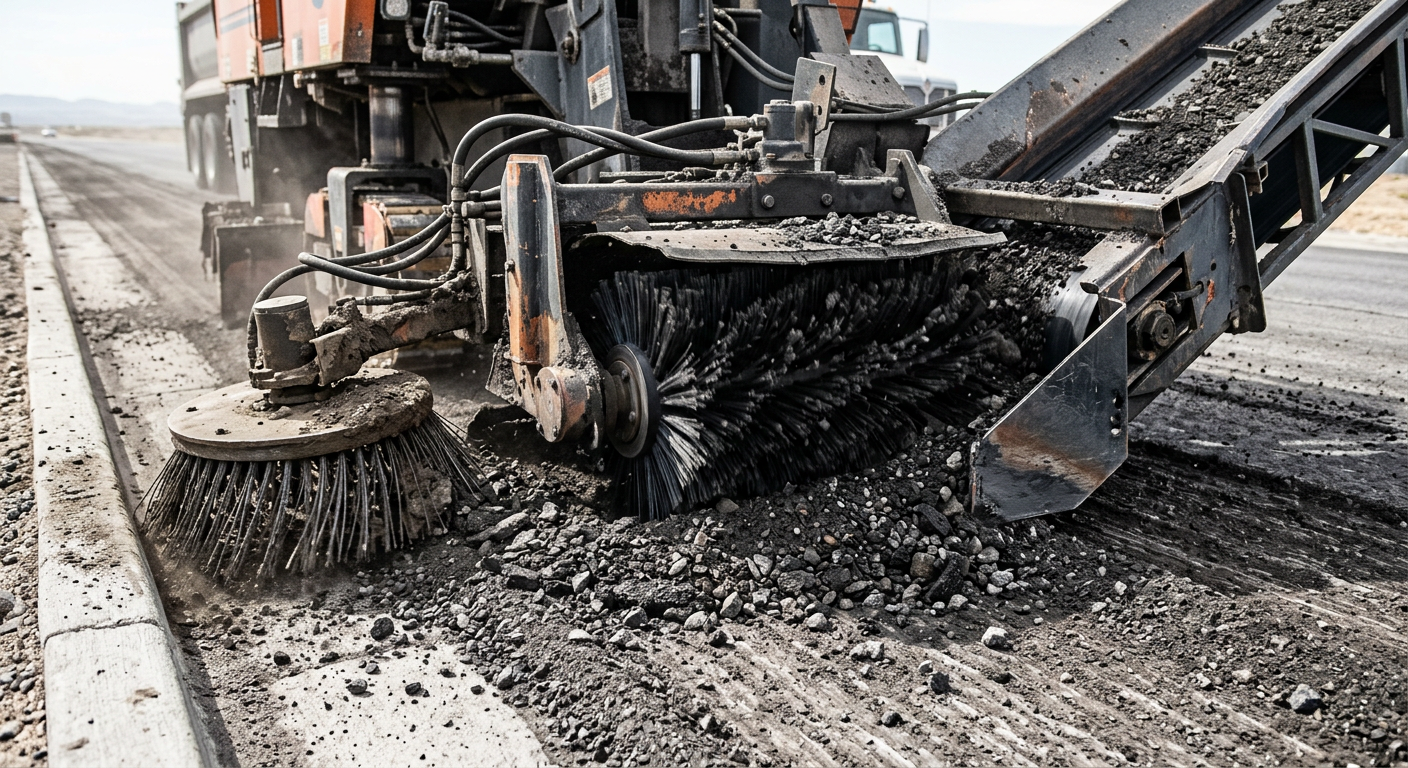 Photorealistic close-up of unbranded rotating gutter brooms and a main broom gathering coarse asphalt millings into a conv...