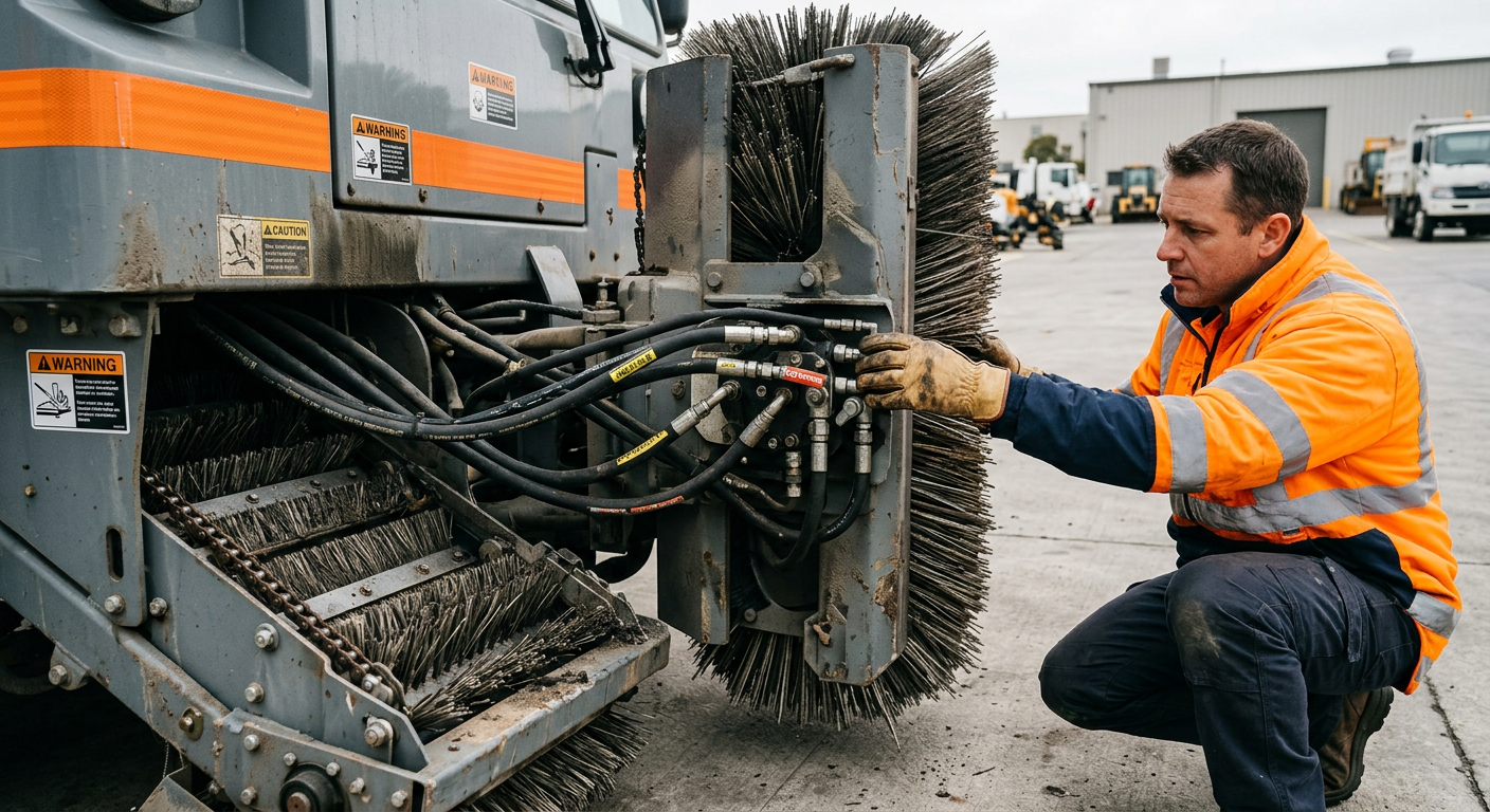 Photorealistic close-up of an unbranded road-sweeping technician performing a pre-shift inspection on broom bristles, hydr...