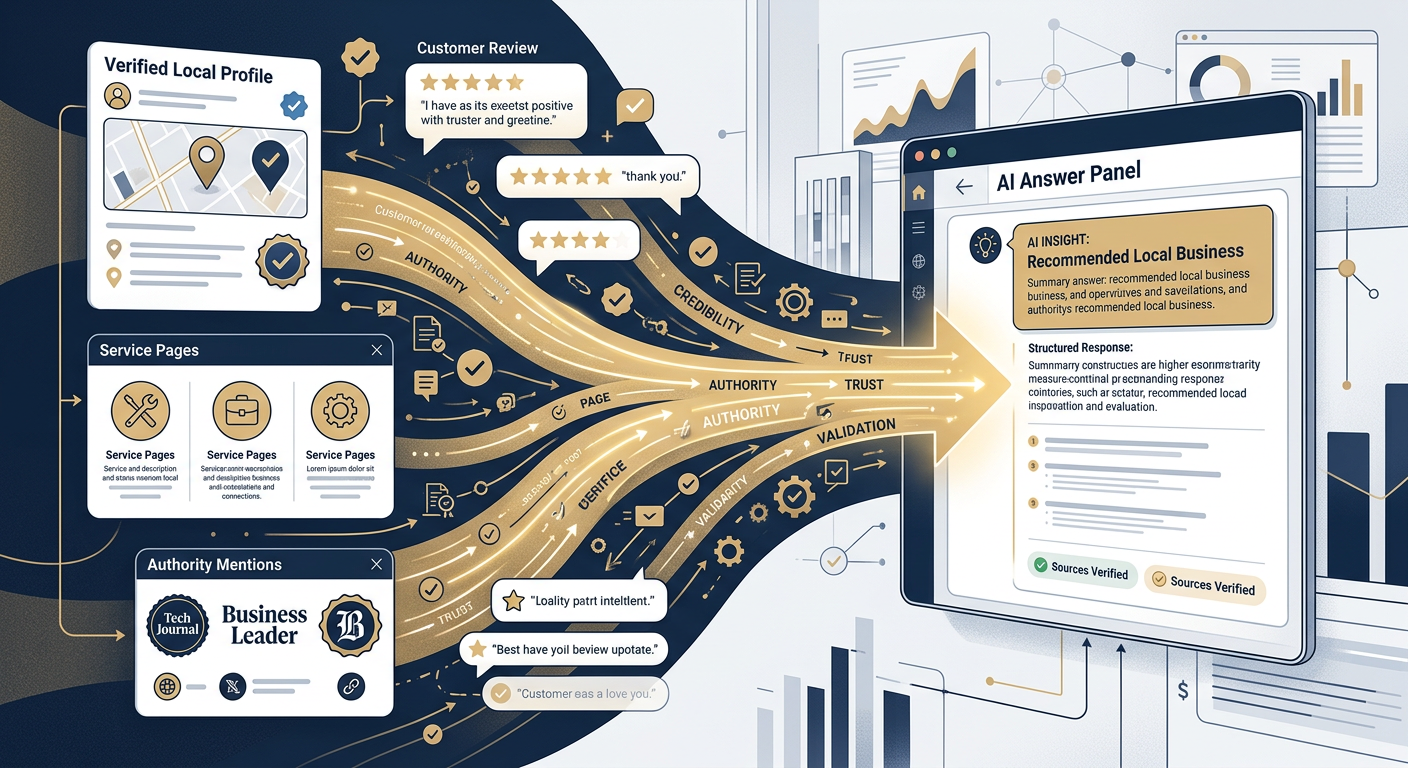 Modern illustrative scene showing interconnected business trust signals, including a verified local profile, customer revi...