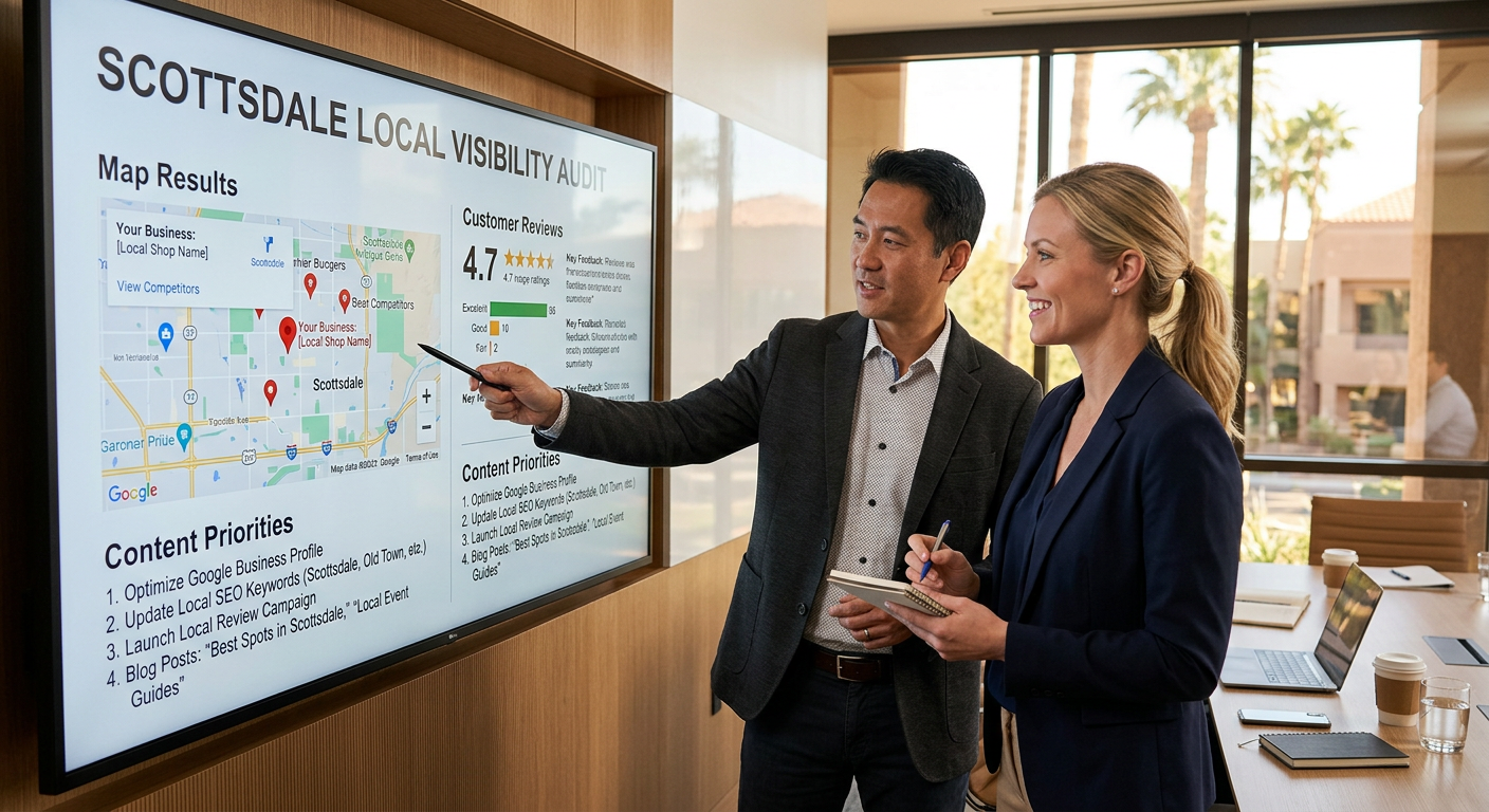 Photorealistic close-up of a business owner and marketing consultant reviewing a local visibility audit with map results, ...