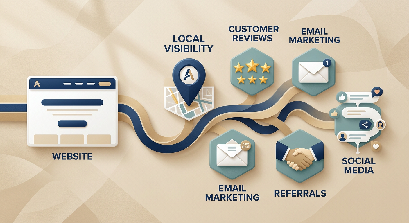Modern editorial illustration of interconnected pathways flowing from a business website into a local map pin, customer re...