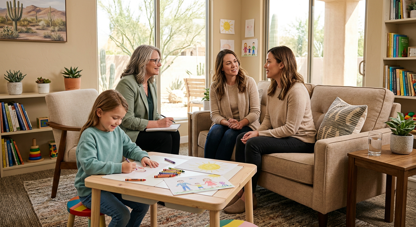 Photorealistic family-centered child psychiatry consultation in a calm Scottsdale office, child drawing at a small table w...