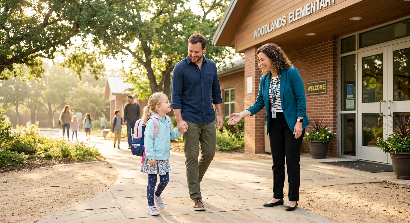 Warm, realistic illustration of a young child standing near a school entrance while a supportive parent and a welcoming sc...