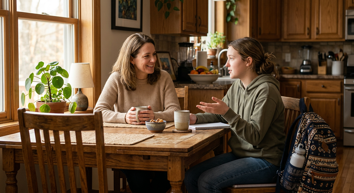 Warm, realistic illustration of a parent and teenager talking at a kitchen table after school, backpacks nearby, parent li...