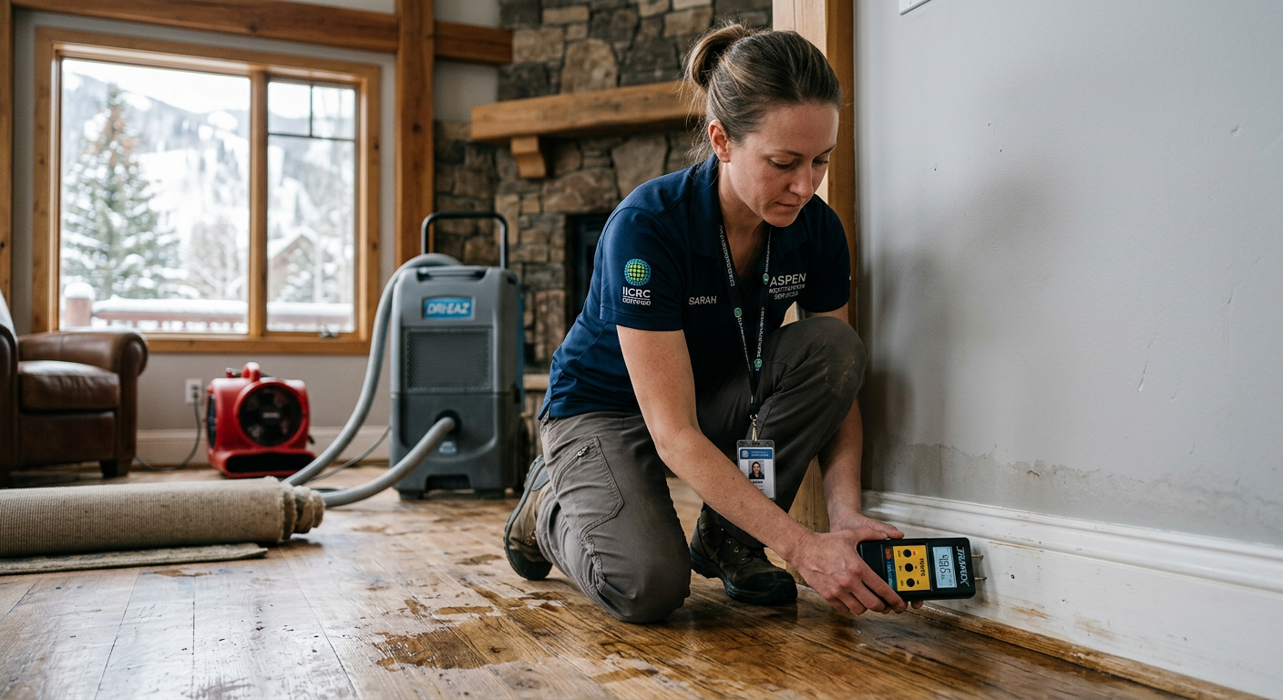 Best Flood Cleanup Company in Roaring Fork Valley: 6 Checks First | Water Damage Cleanup & Restoration Company in Aspen | Helpers Photorealistic close view of a certified restoration technician using a moisture meter along a baseboard in a flooded Aspe...