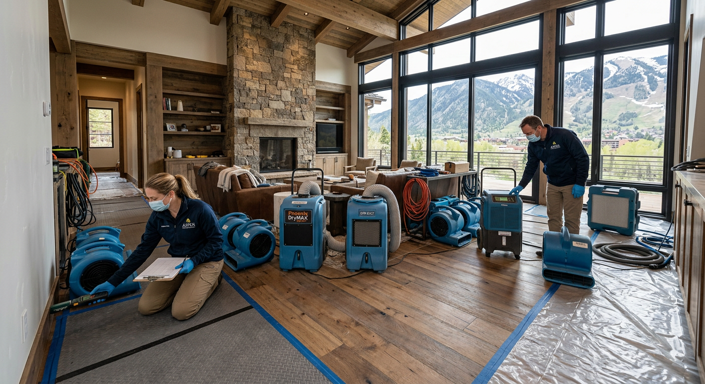 Best Flood Cleanup Company in Roaring Fork Valley: 6 Checks First | Water Damage Cleanup & Restoration Company in Aspen | Helpers Photorealistic wide interior scene of a clean mountain home restoration setup, technicians checking drying equipment and r...