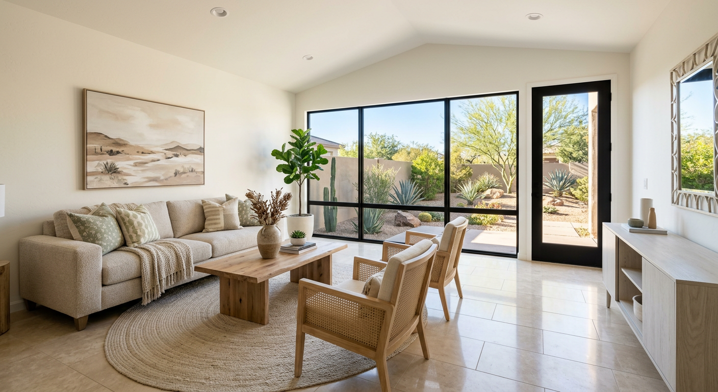 Photorealistic interior of a bright Phoenix living room prepared for sale, with neutral furnishings, sunlight through larg...