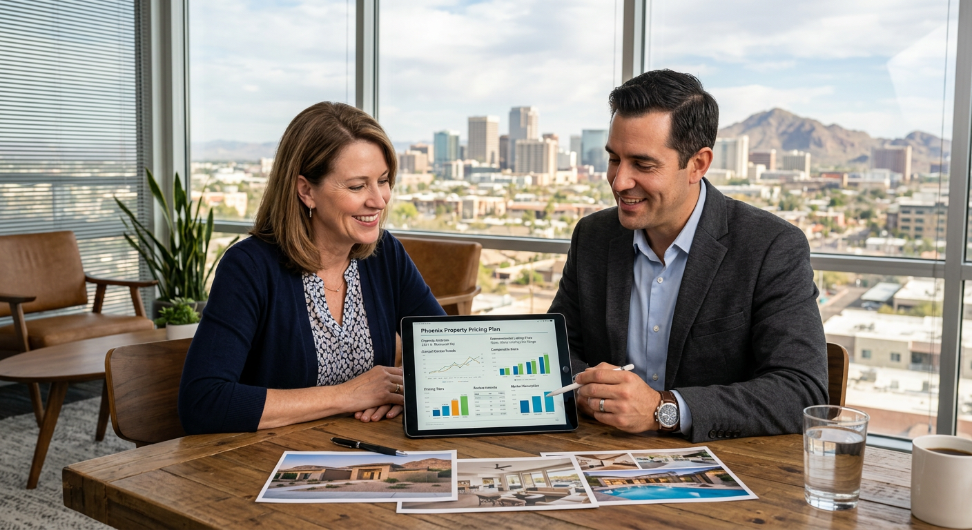 Modern illustrative real estate strategy scene showing a Phoenix homeowner and advisor reviewing a simple property pricing...