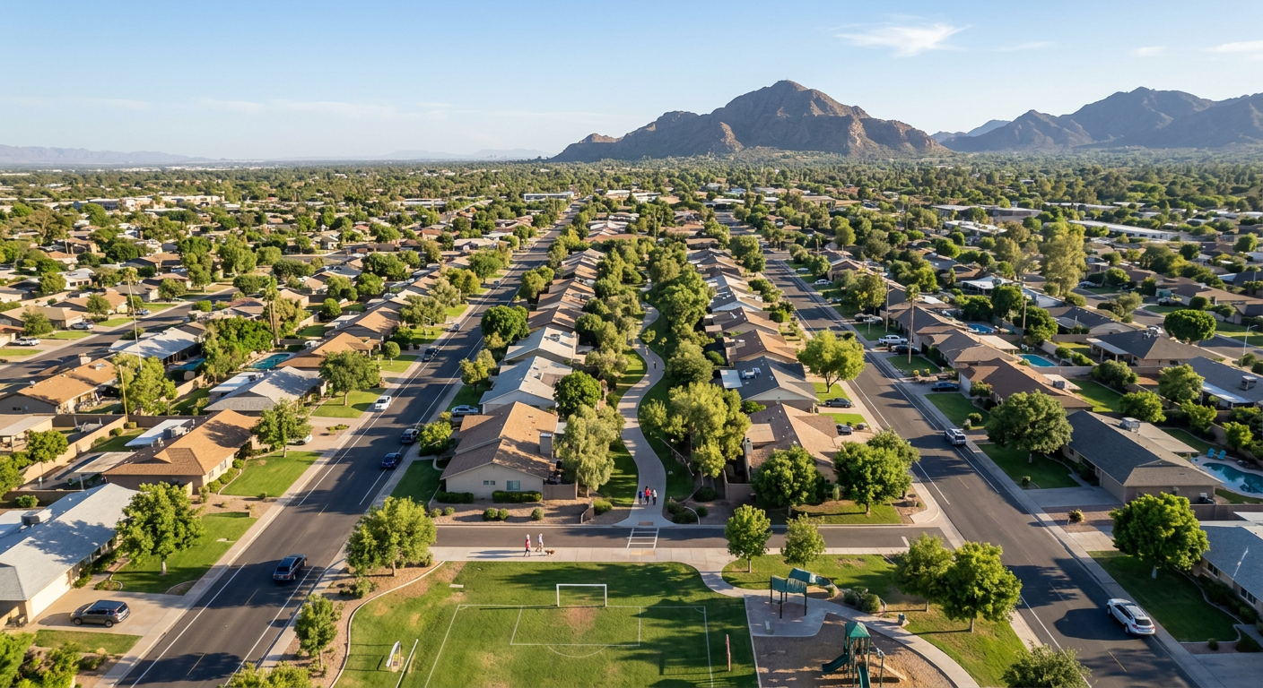 Scottsdale vs Phoenix Living: Finding Your Best Fit| Realtors in Park Scottsdale | 85250 Real Estate Agents Photorealistic aerial view of central Scottsdale residential streets near Park Scottsdale, with mature trees, ranch-style ...