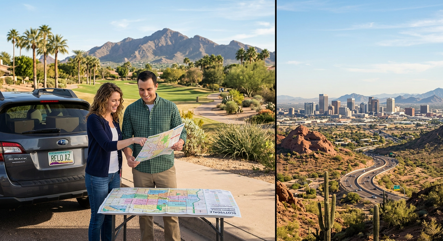 Scottsdale vs Phoenix Living: Finding Your Best Fit| Realtors in Park Scottsdale | 85250 Real Estate Agents Photorealistic split-scene showing a couple reviewing a neighborhood map beside a parked car, with a Scottsdale greenbelt ...
