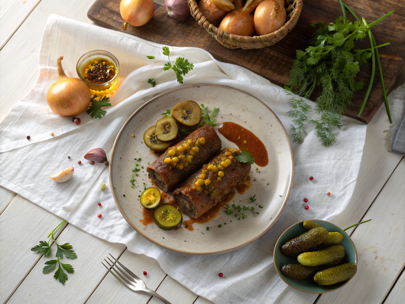 Braised Beef Rouladen with Mustard and Pickles