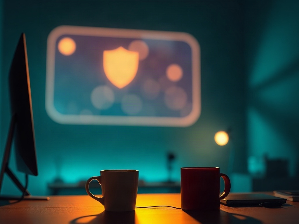 A glowing abstract chat interface with a shield silhouette and a warm coffee mug and headset on a desk in a cozy dark room