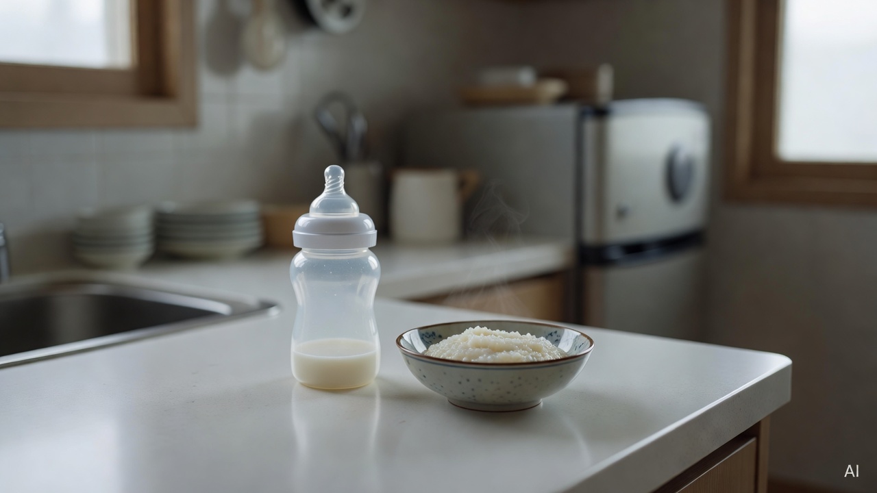 baby bottle and small bowl of food placed on a white kitchen counter
