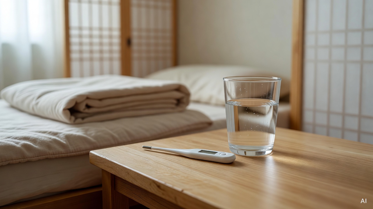 digital thermometer and a glass of water on a wooden bedside table