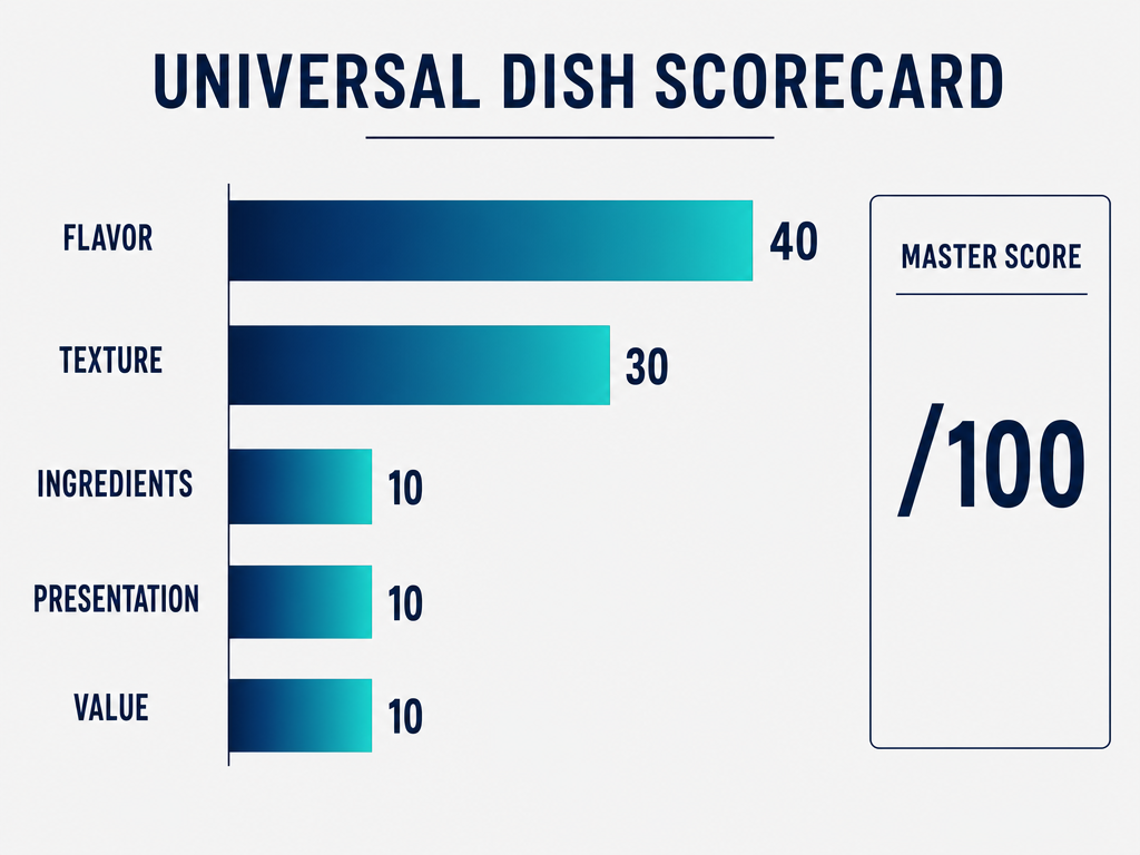 A horizontal bar chart showing the 100-point Universal Dish Scorecard: Flavor 40, Texture 30, Ingredients 10, Presentation 10, and Value 10.