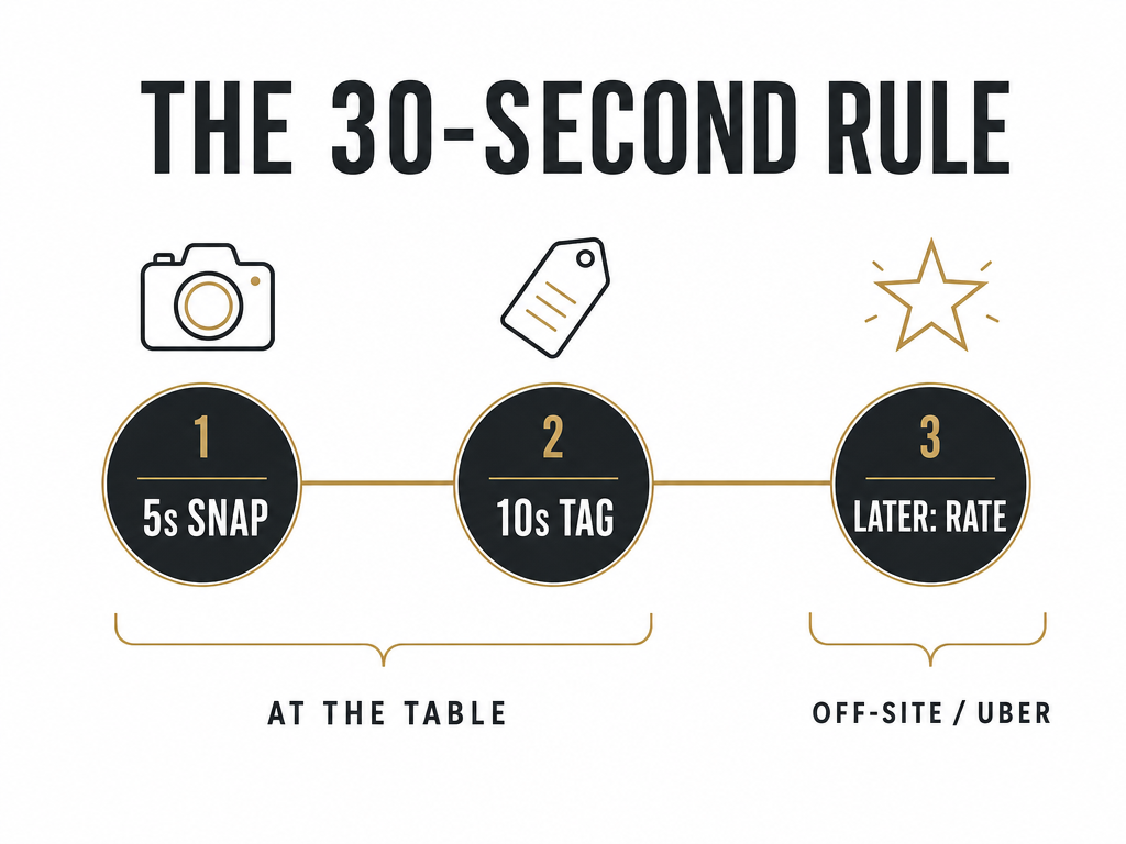 A process diagram for the 30-second rule: 5s for photo capture, 10s for mental keywords, and rating the dish off-site later.