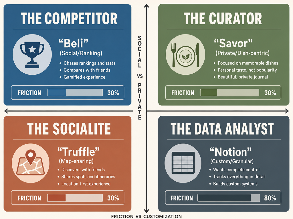 A 2x2 matrix comparing food tracking apps Beli, Savor, Truffle, and Notion based on social needs, privacy, and data friction levels.