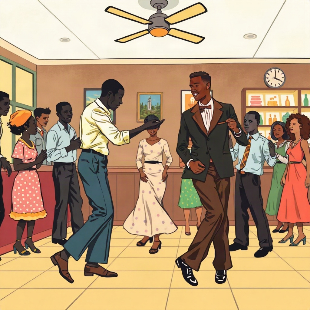 The Starlight Rhythm Aces on the roof-garden bandstand, all three trumpets polished; the second trumpet is Mr. Ofori's nephew, who is on probation