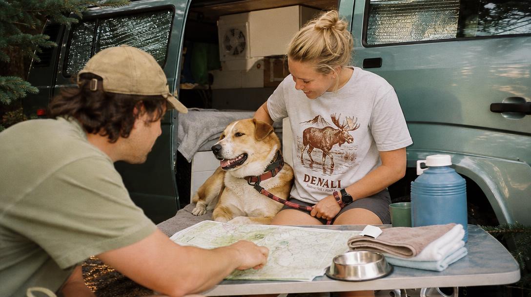 RV parked near forest trail in Acadia National Park