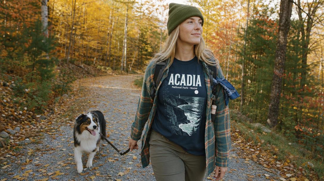 Seasonal view of Acadia National Park trails with autumn colors