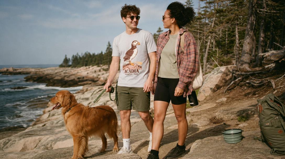 Dog walking on rocky beach shoreline in Acadia National Park