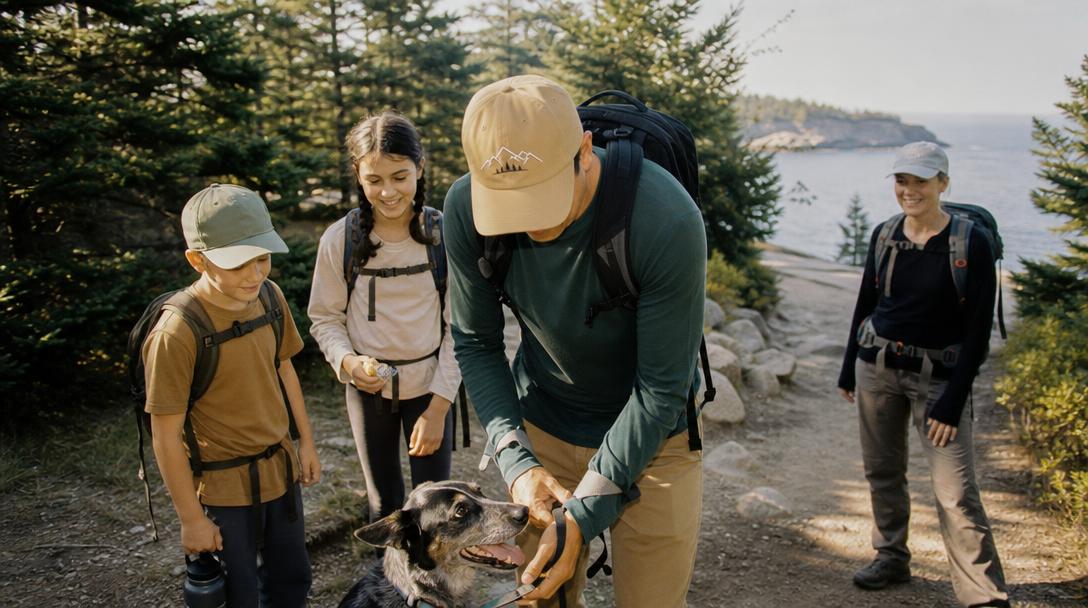 Dog walking on a tree-lined trail at Acadia National Park