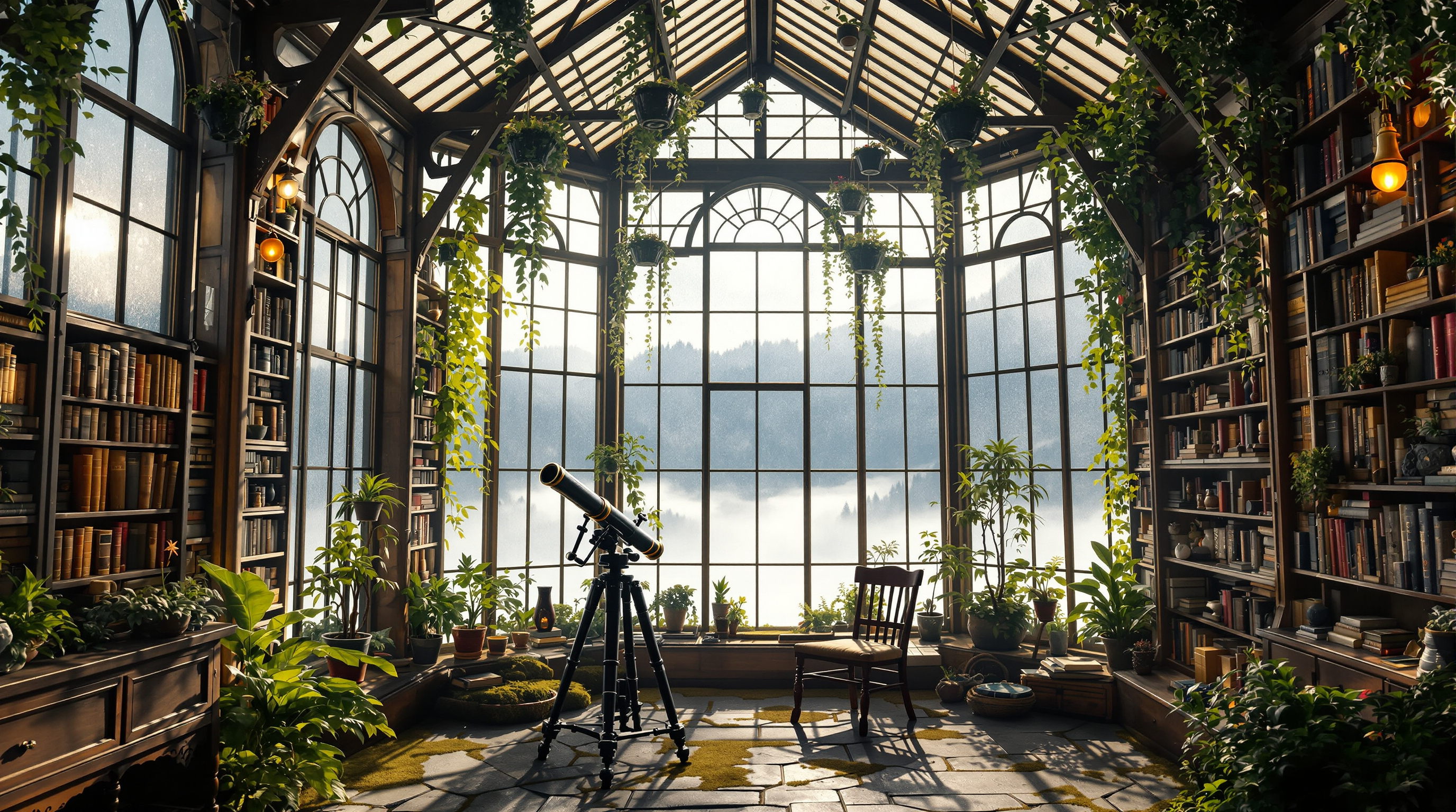 Glass Greenhouse Library Overlooking Alpine Fog