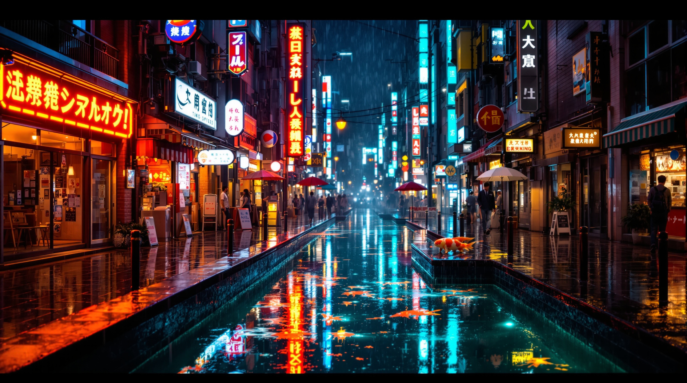 Neon Koi Pond Under a Rainy Tokyo Alley