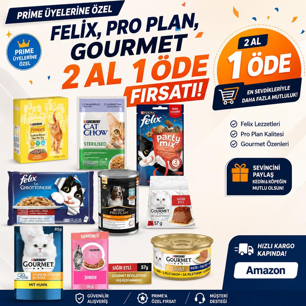 PRİME ÜYELERİNE ÖZEL FELİX, PRO PLAN, GOURMET 2 AL  1 ÖDE FIRSATI!