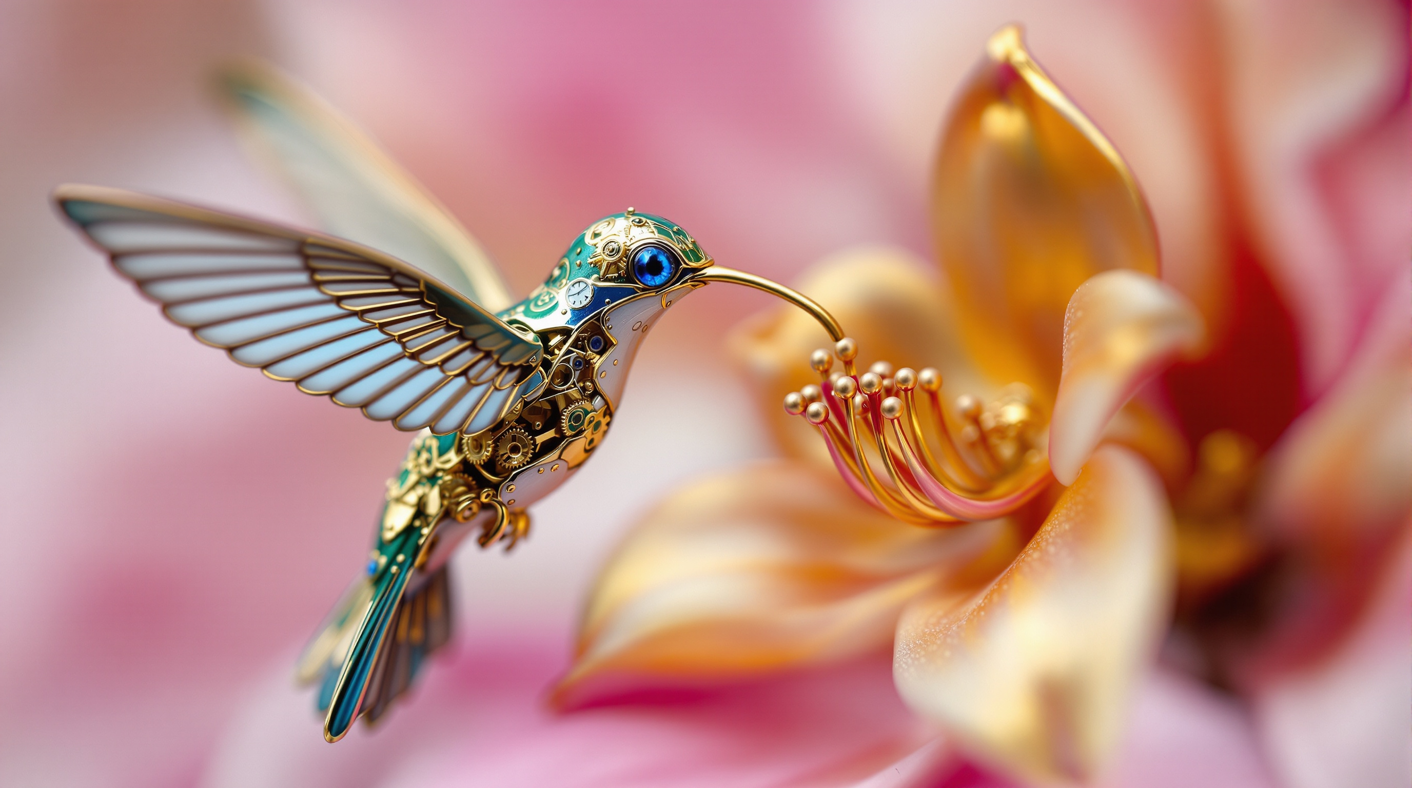 Clockwork Hummingbird Drinking From a Brass Flower