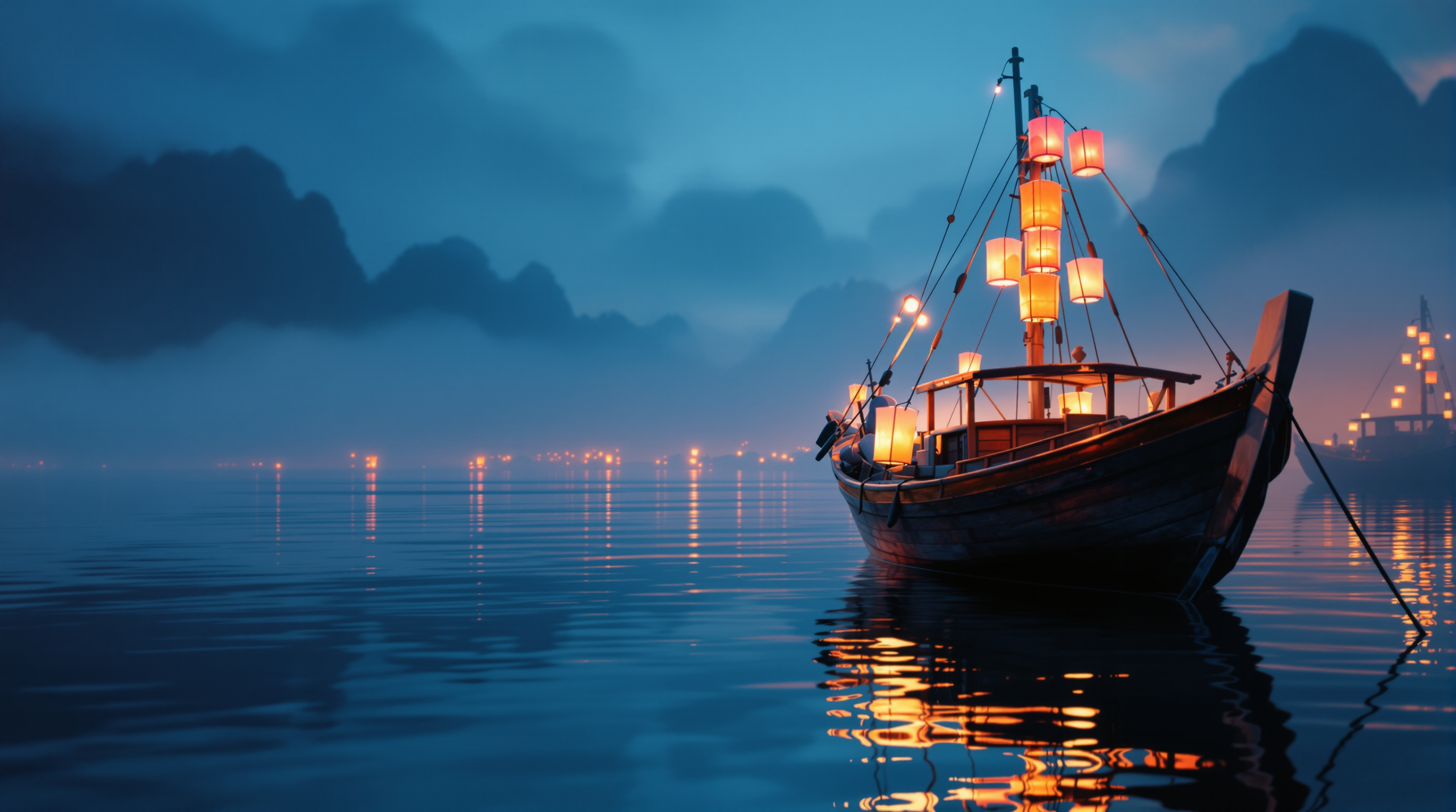 Paper Lantern Harbor Close-Up Boat Detail