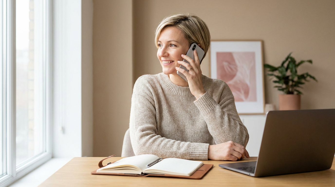 Ondernemer aan een bureau die rustig een telefoongesprek voert in een licht kantoor