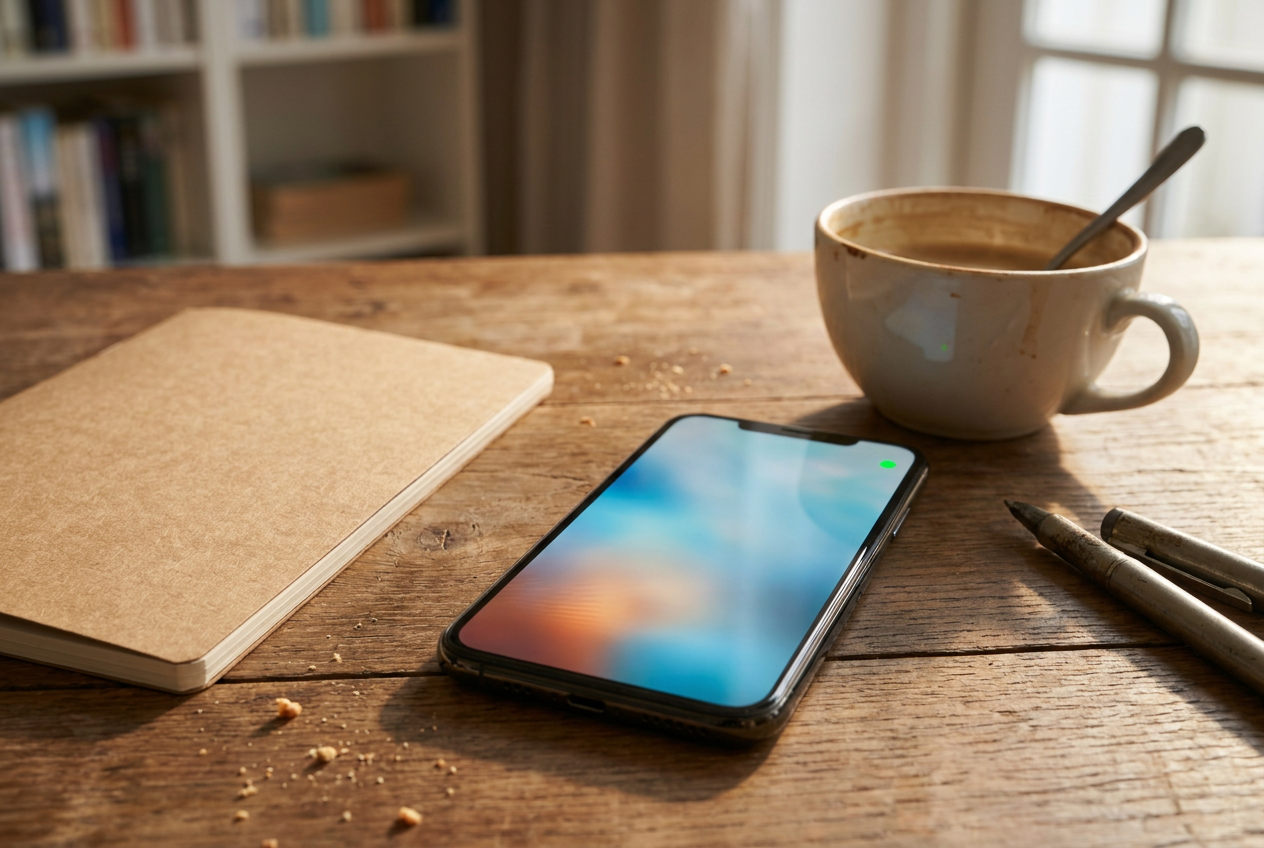 Smartphone op een houten bureau tijdens een telefoongesprek, naast een notitieboek en een kop koffie