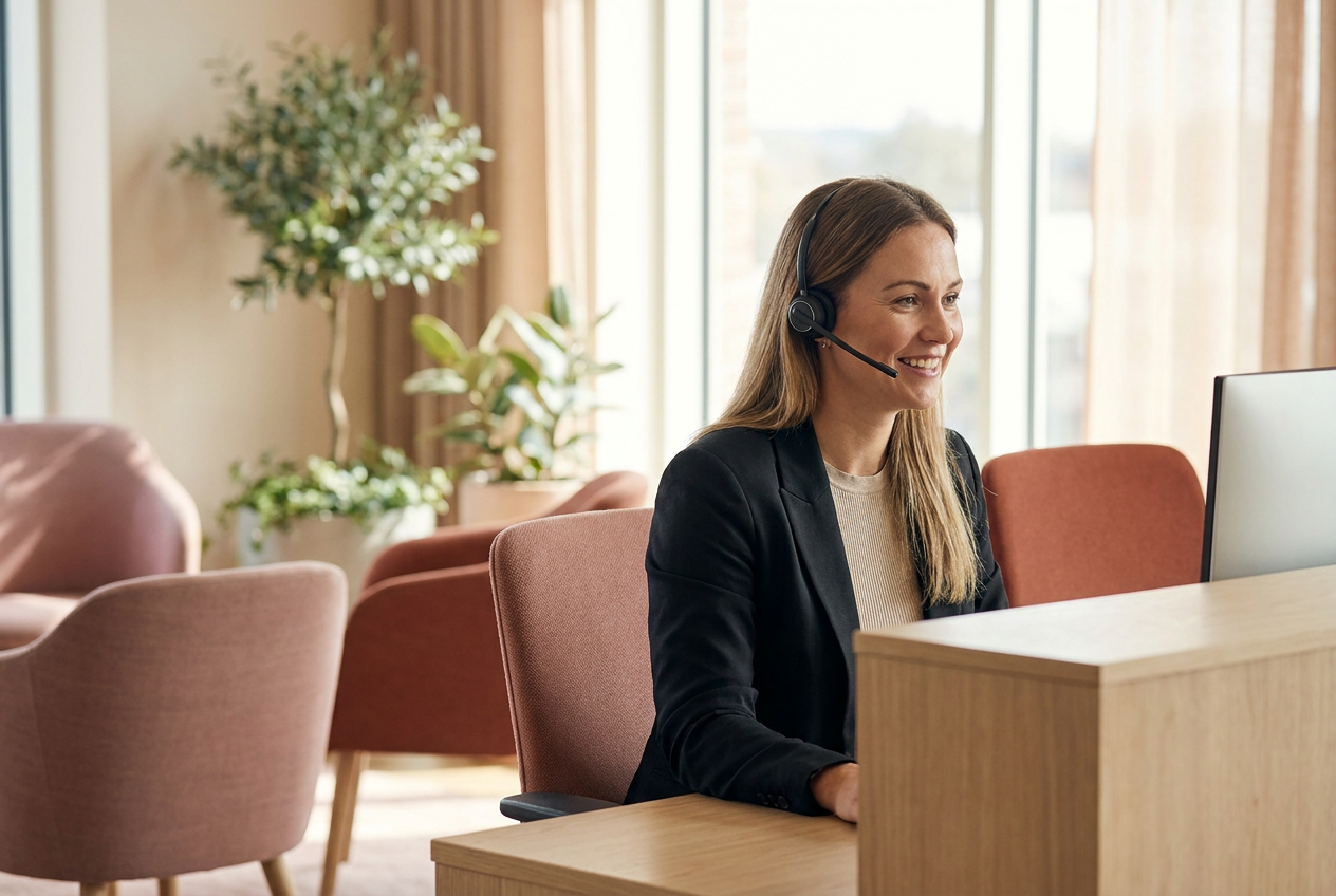 Vriendelijke assistent met een headset die glimlachend een beller te woord staat in een moderne balieomgeving