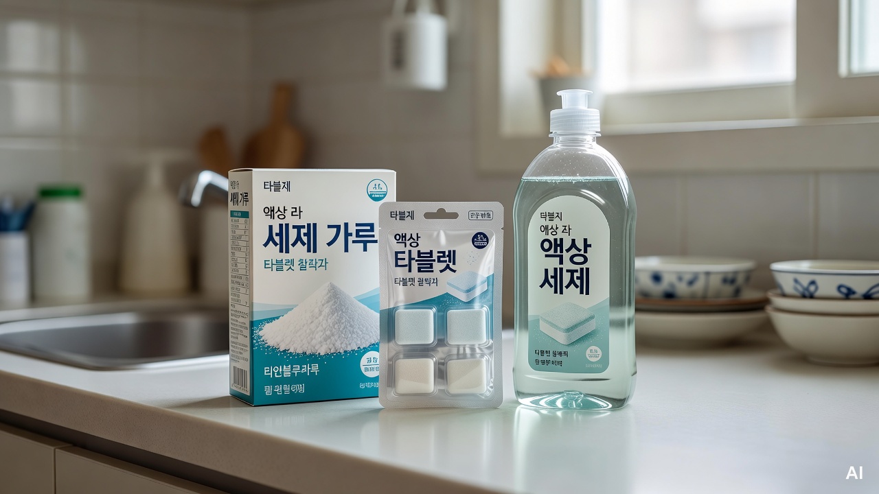 three types of dishwasher cleaning products — powder, tablet, and liquid bottle — placed on a kitchen counter