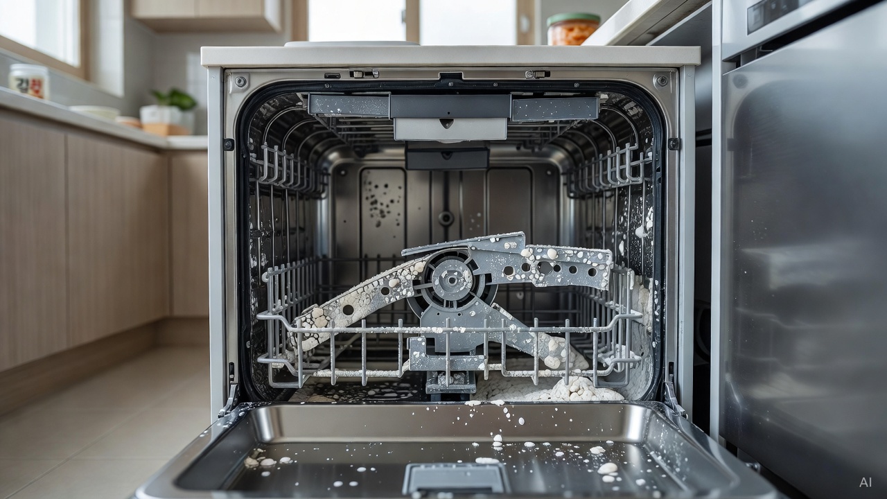 inside of a dishwasher with visible white limescale deposits on the inner walls and spray arm