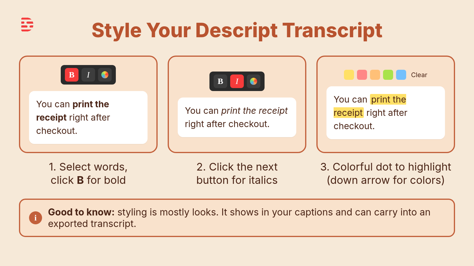 Cream-branded teaching graphic: Style Your Descript Transcript. Step 1 select words and click B for bold, step 2 click the next button for italics, step 3 click the colorful dot to highlight, with the down arrow for more colors. Good to know: styling is mostly looks, it shows in your captions and can carry into an exported transcript.