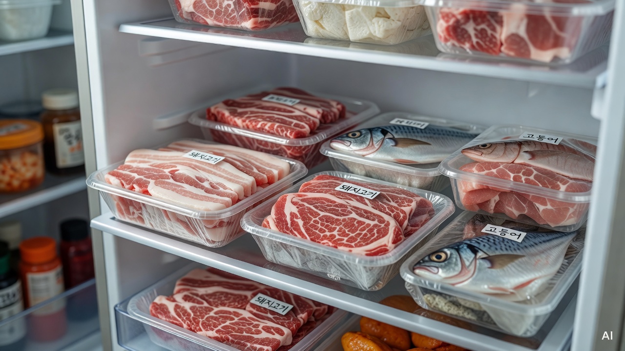 assorted raw meats and fish sealed in plastic wrap containers inside a refrigerator shelf