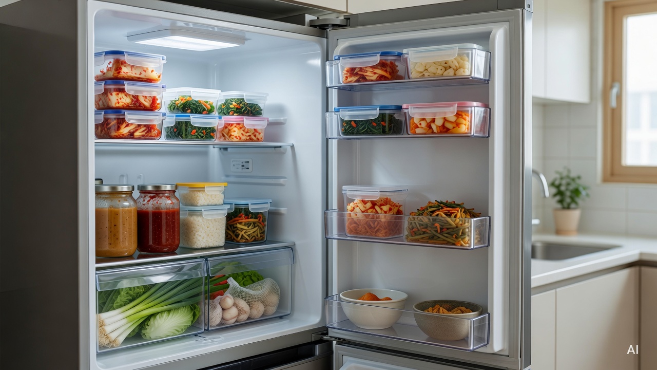 open refrigerator with various food containers neatly organized on shelves