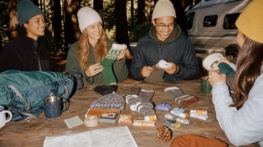 Hiker holding essentials map with hiking gear laid out