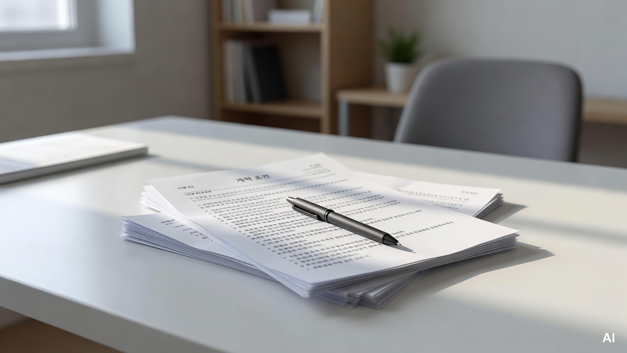 printed contract documents with a pen on a white desk