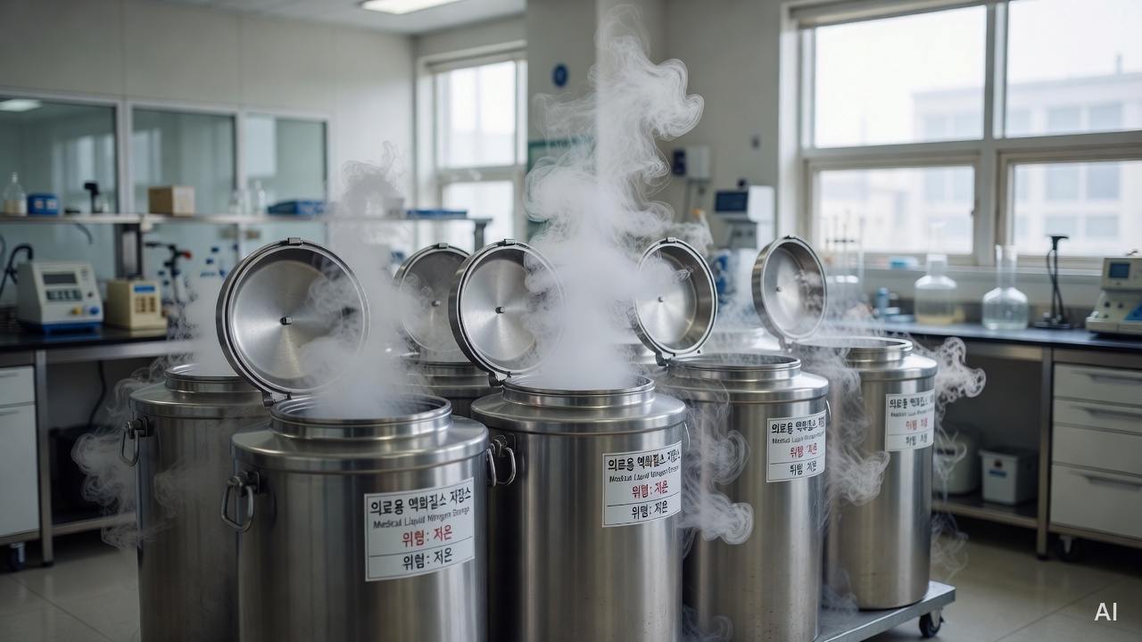 medical storage containers with liquid nitrogen vapor in a laboratory setting