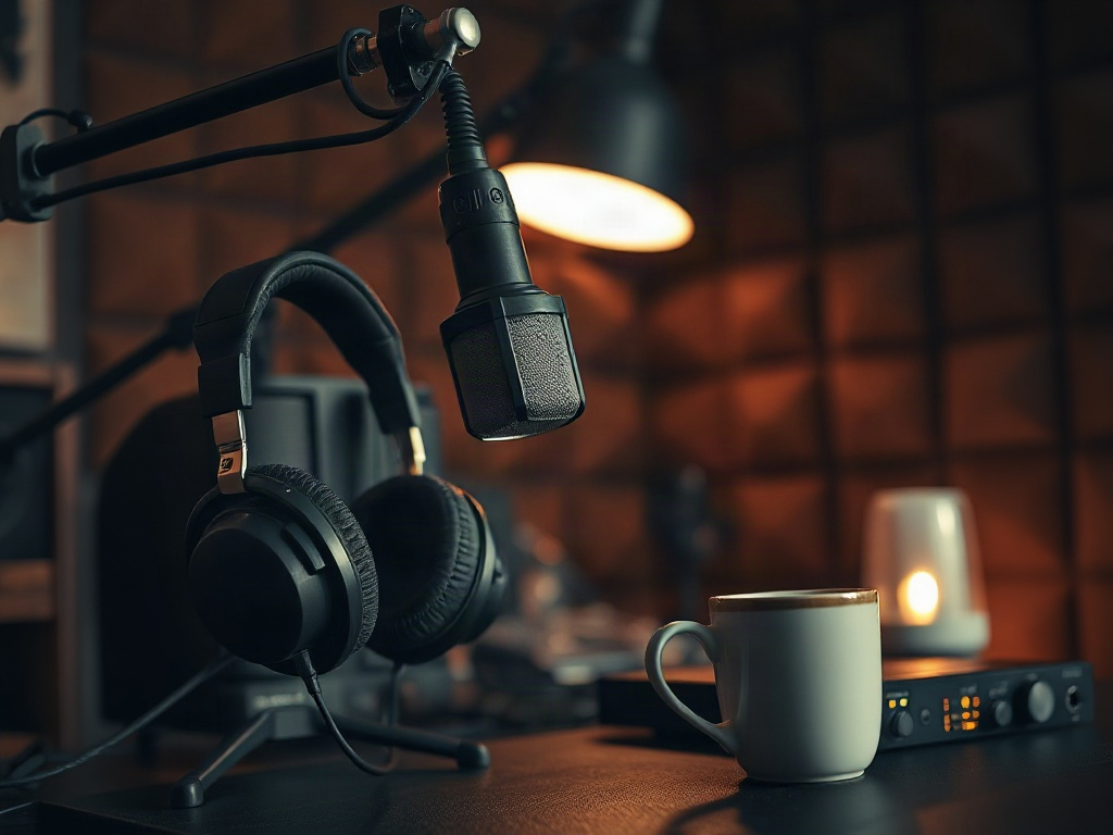 A cozy home recording studio corner with a pair of over-ear headphones resting on a mic stand, a pop filter in front of a condenser microphone, and a warm mug on the desk, lit by soft amber desk lamps