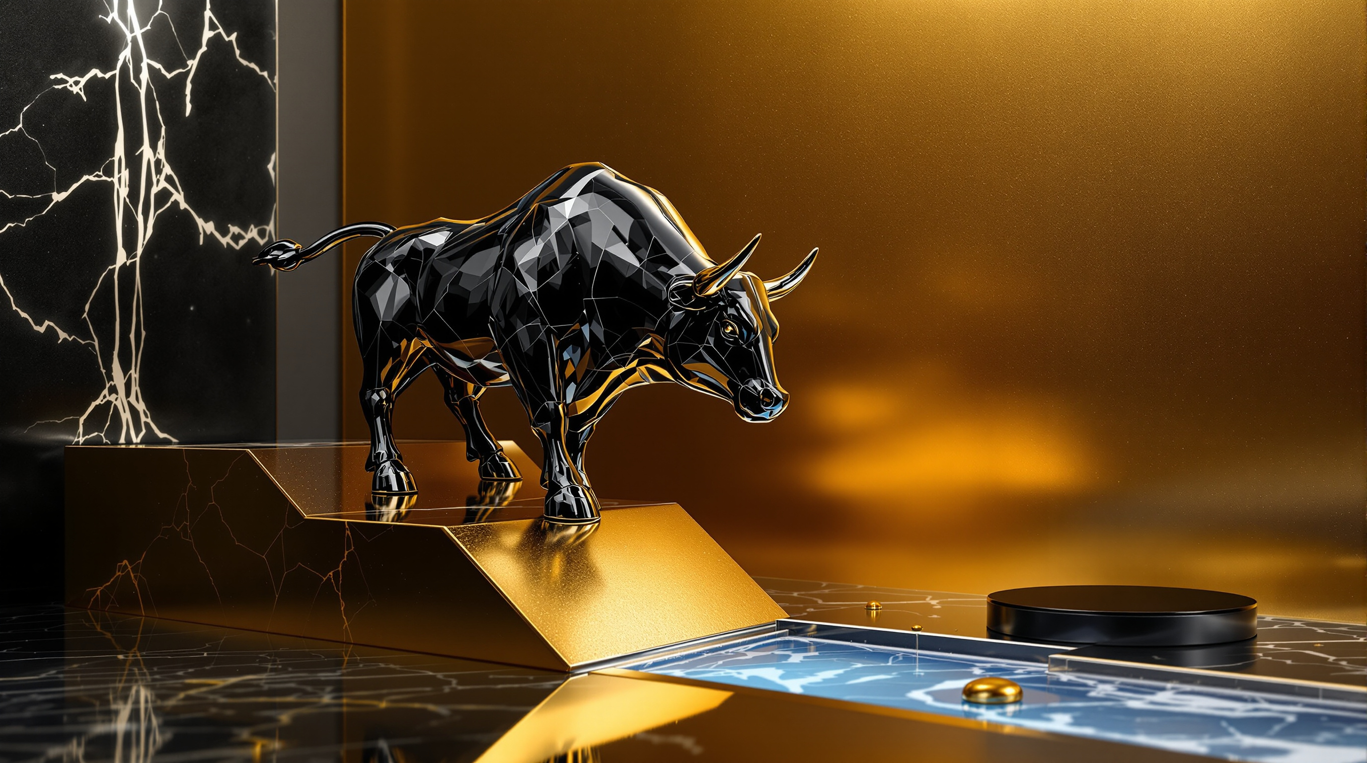 polished black-marble bull sculpture on a rising gold diagonal plinth — editorial cover artwork for the Knightron story on Stocks Extend Rally As Fed Hike Bets Fade; Oil Slides On Str